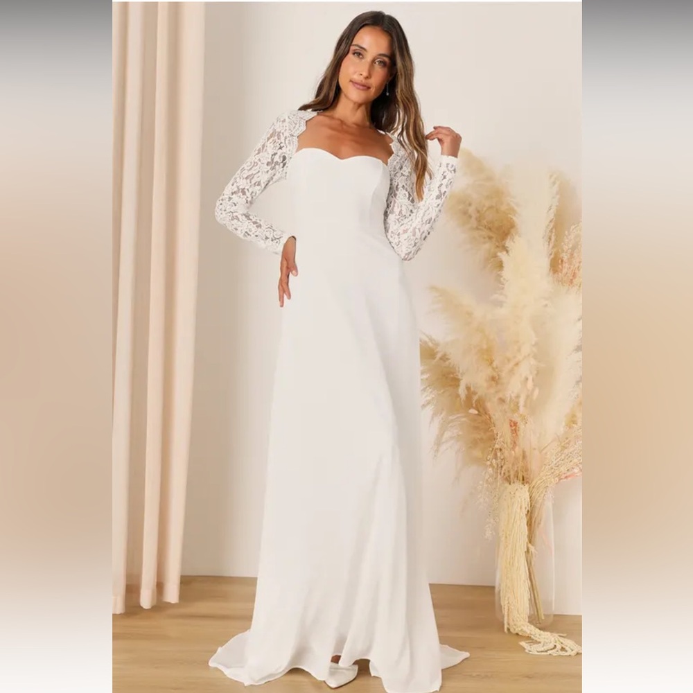 Lulu's Elegant White Lace Sleeve Wedding Dress